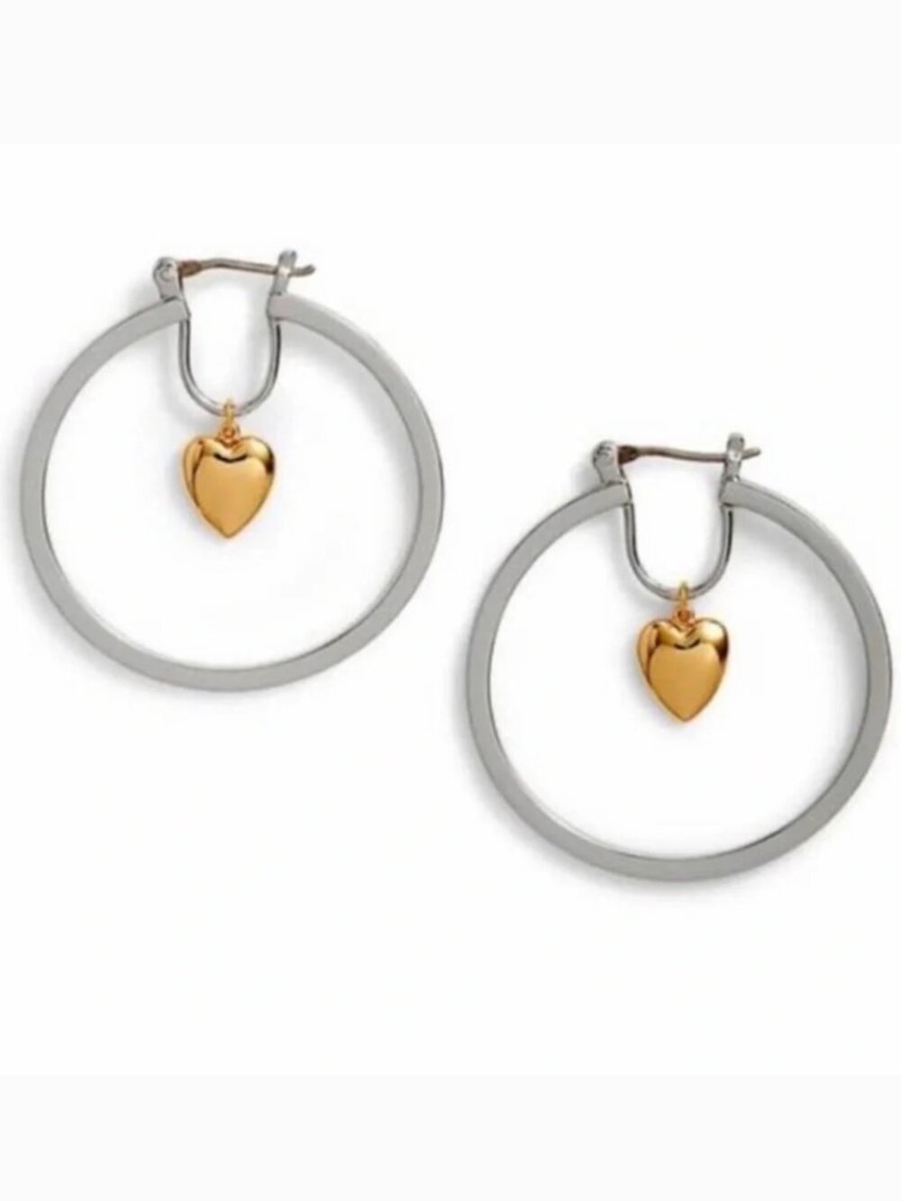Tory Burch Mixed Metal Heart Charm Hoop Earrings Silver Gold Tone Statement Hoop